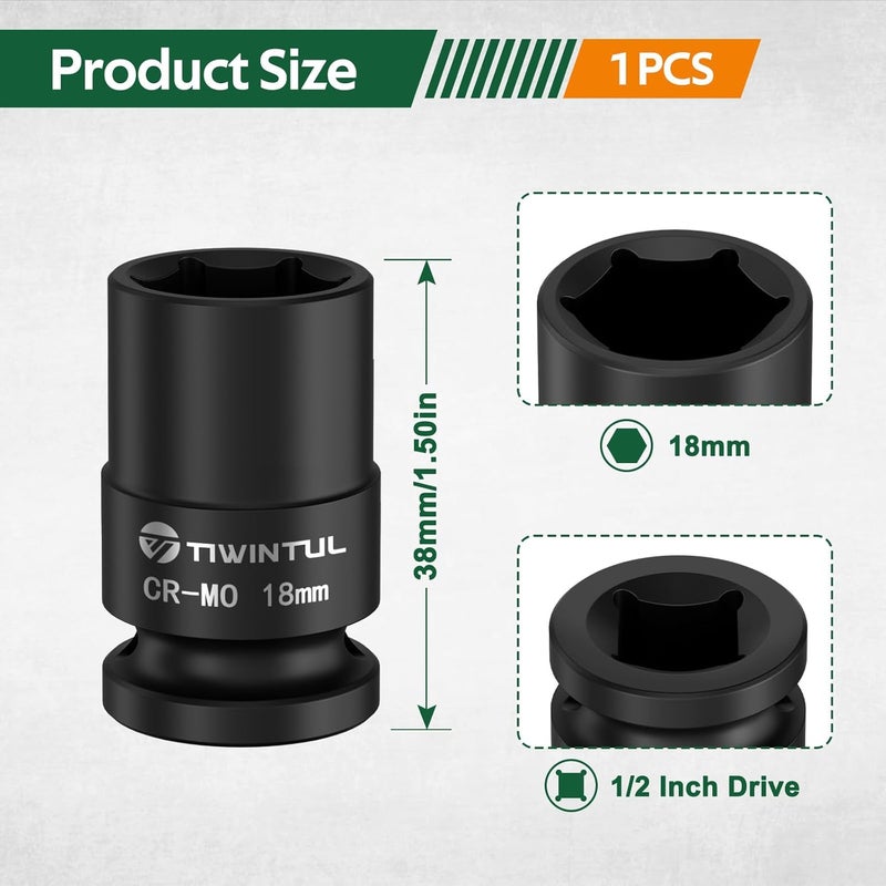 TIWINTUL 18mm Shallow Impact Socket 1/2 Inch Drive, CR-MO Steel Impact Socket, 6 Point Design, 1.5" Length, Metric Size Socket for Automotive, Motorcycle Maintenance and Light Industrial Repairs - Image 2